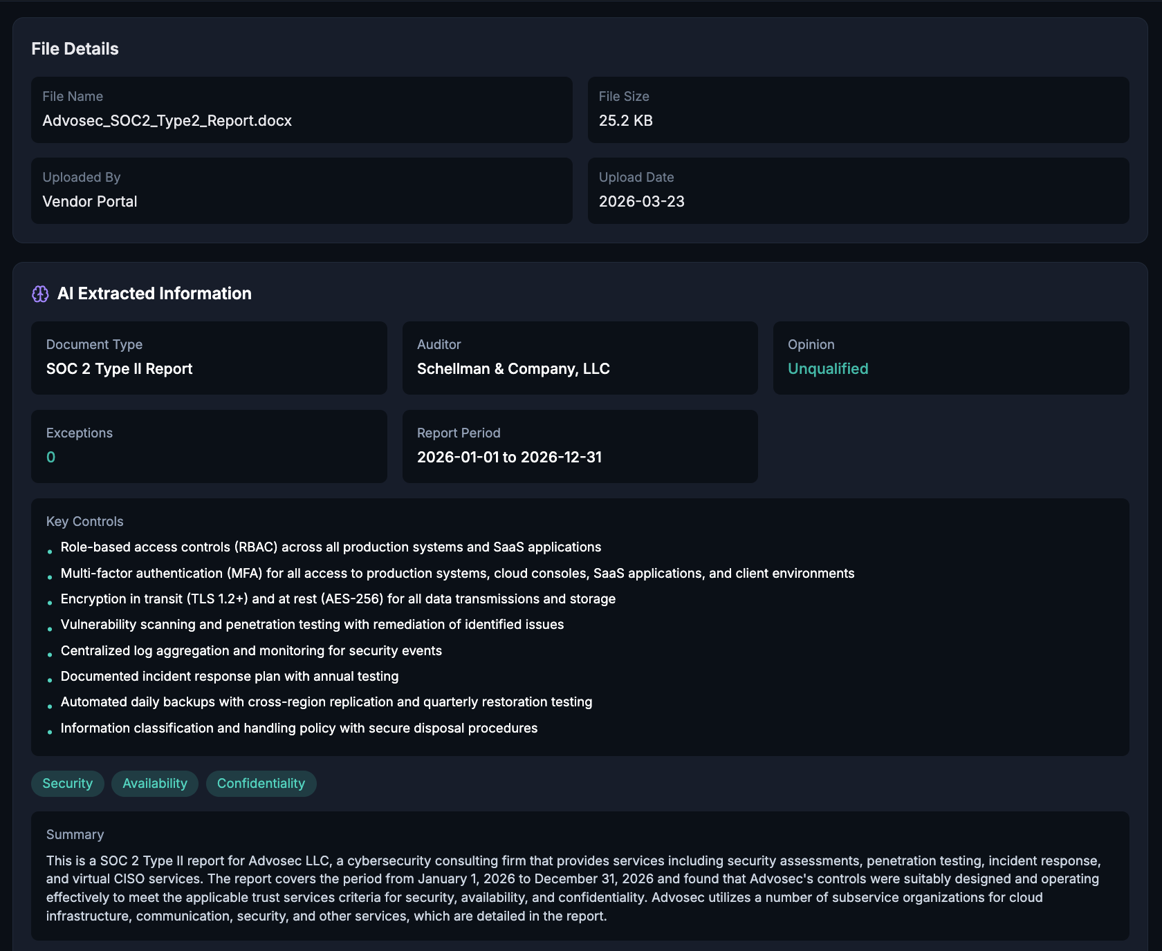 AI document analysis extracting structured findings from a SOC 2 report